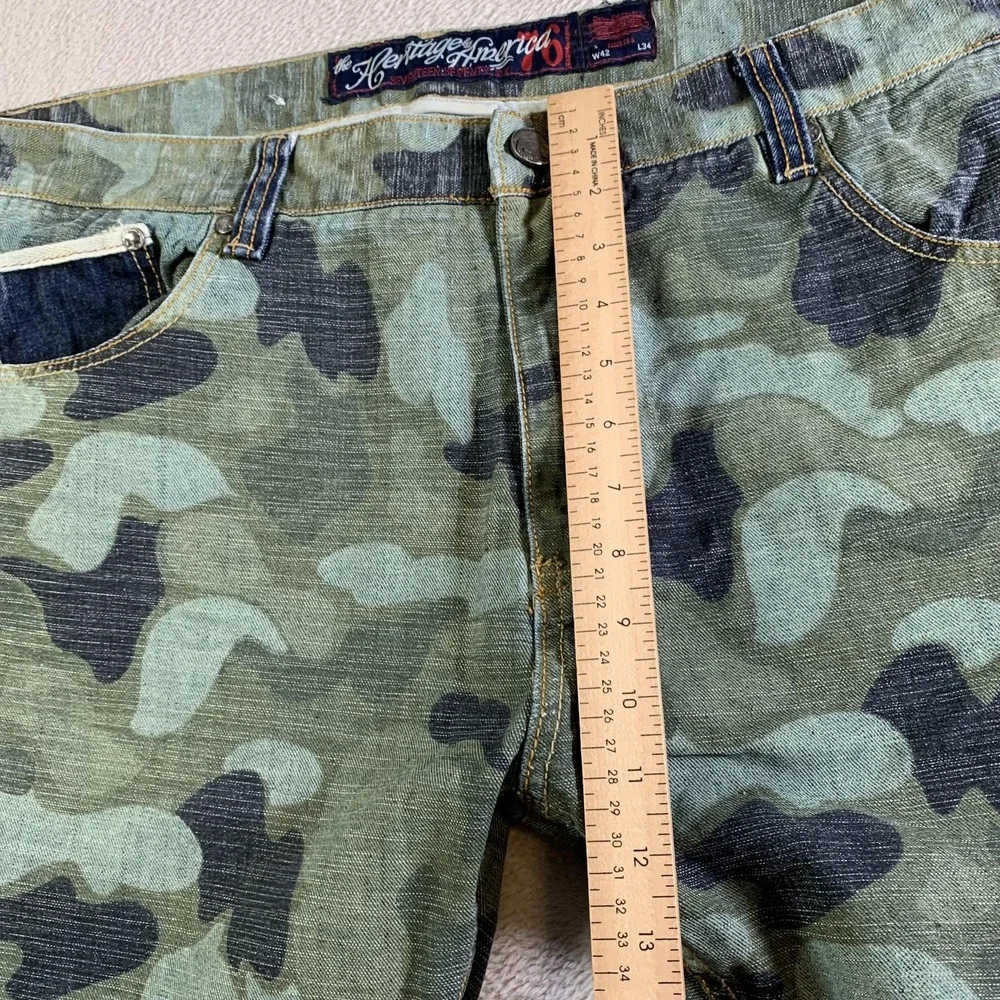Heritage‎ By America 76 Jeans Mens 42x34 Green Camo Straight Leg Denim Mid Rise